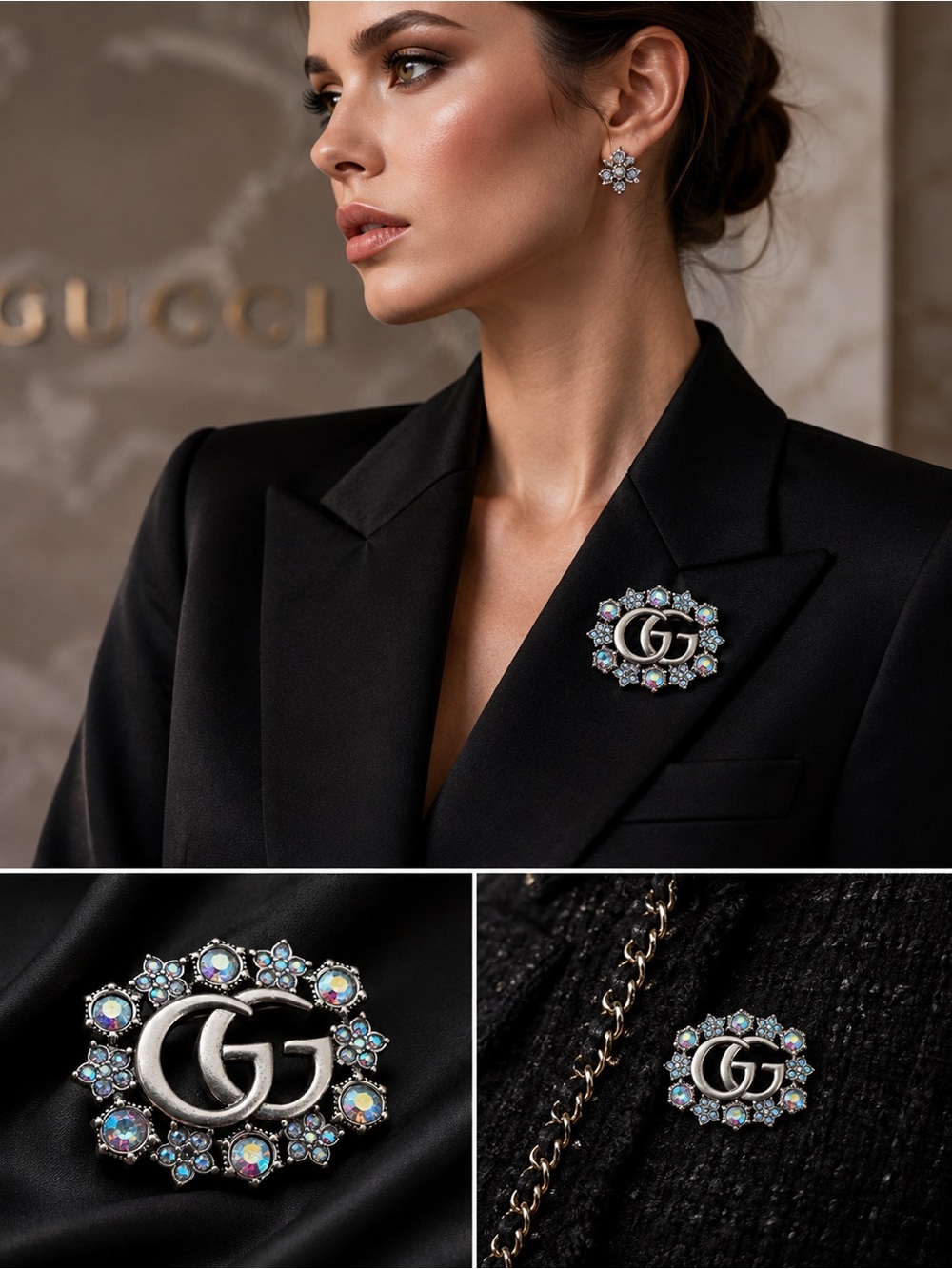 Iridescent Crystal Statement Brooch – Interlocking GG-Style Design — NEW